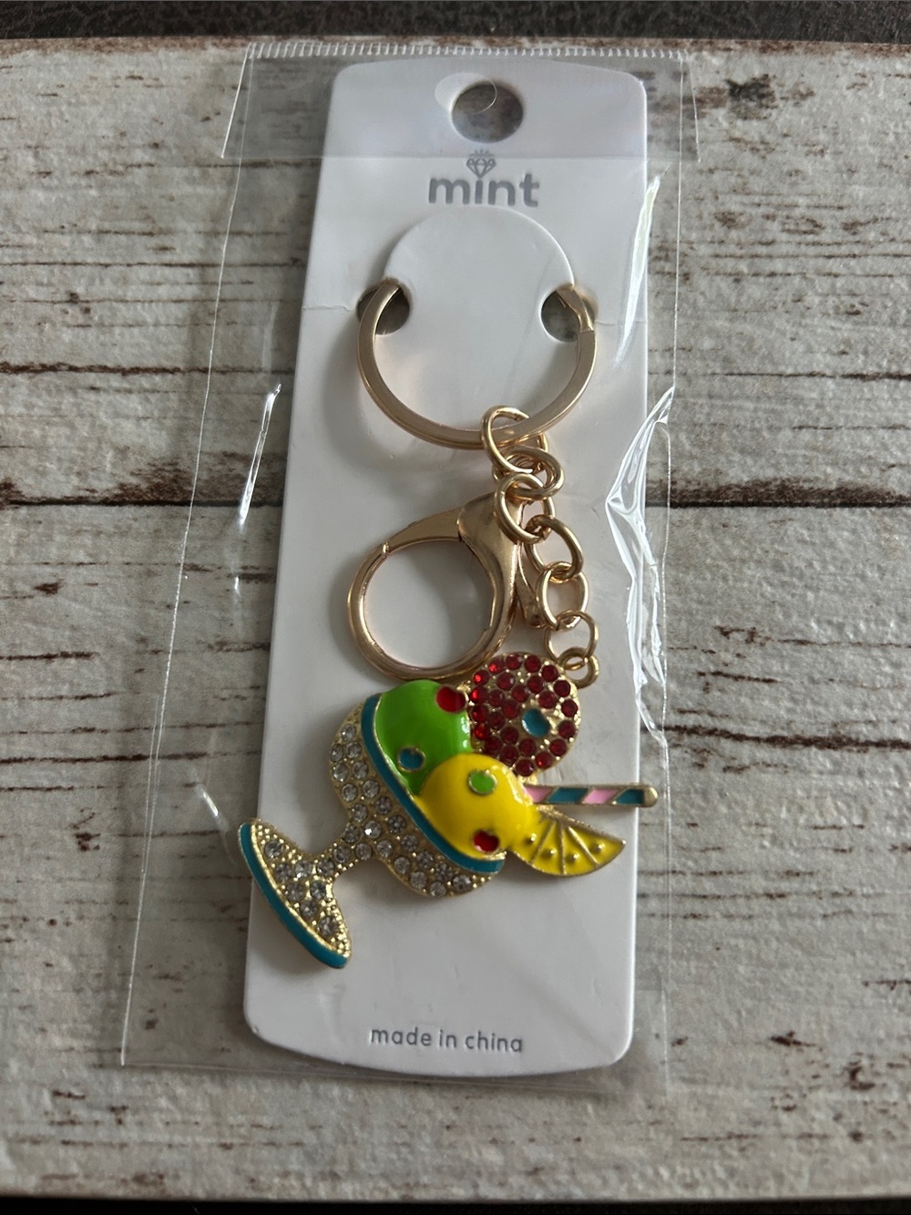 5/$25 Mint Gold-Tone Tropical Cocktail Keychain with Yellow, Green & Red Enamel